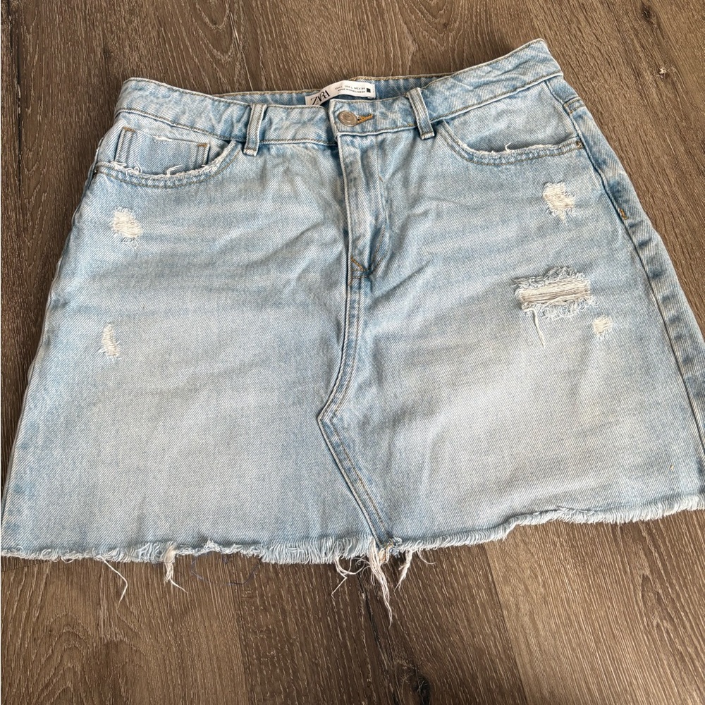 Zara Distressed Light Blue Mini Skirt
